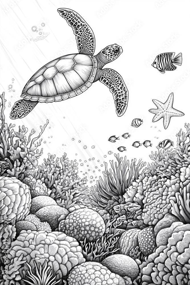 Poster turtle is swimming in the ocean with a starfish and fish. the turtle is the main focus of the image,