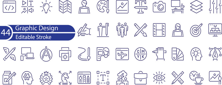 Graphic Design Line Editable Icons set. Vector illustration in modern thin line style of computer graphics related icons. tools, creativity, development stages, and more. - Powered by Adobe