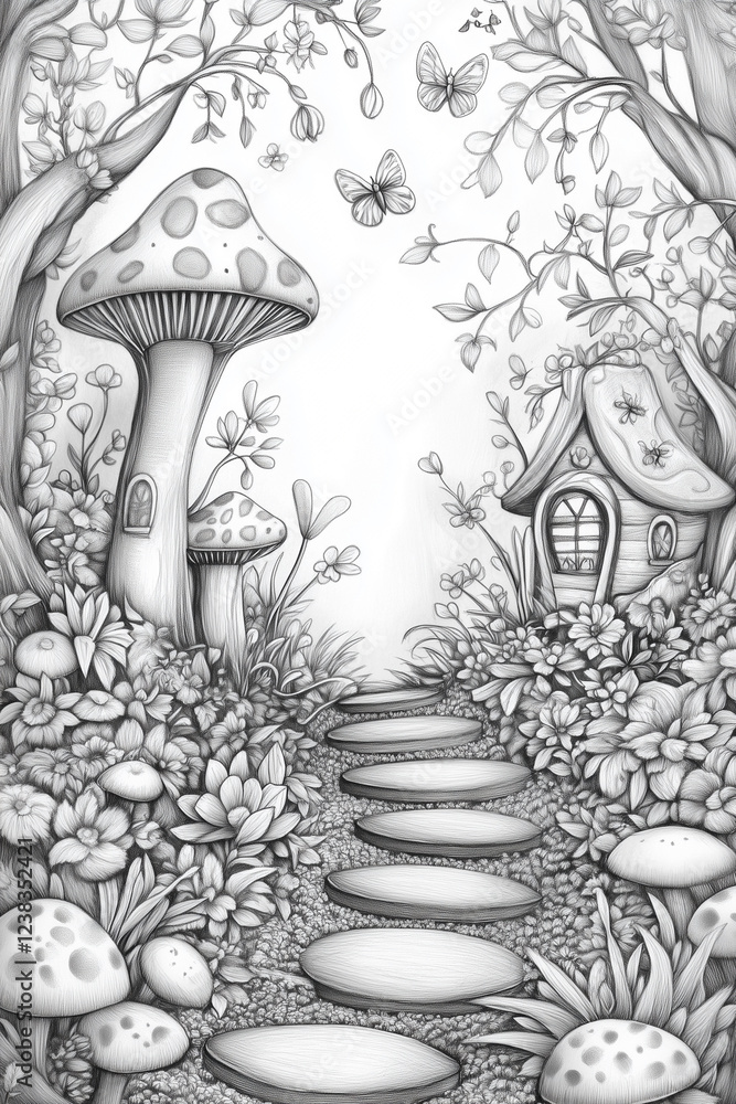 Poster drawing of a path with a mushroom archway and a butterfly flying above it. scene is whimsical and ma
