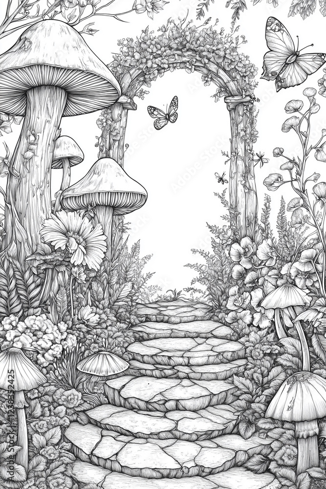 Poster drawing of a path with a mushroom archway and a butterfly flying above it. scene is whimsical and ma