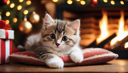 A playful kitten lounges peacefully on a festive pillow next to a crackling fire, radiating warmth.