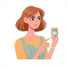 Young woman holding a jar of pickled carrots and looking at it, isolated on white background. Ideal for concepts related to food preservation, home canning, healthy eating and organic products.