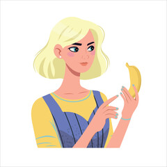 Young woman holding a banana and looking at it, isolated on white background. Ideal for concepts related to healthy eating, diet, vegetarian food, organic products and lifestyle.