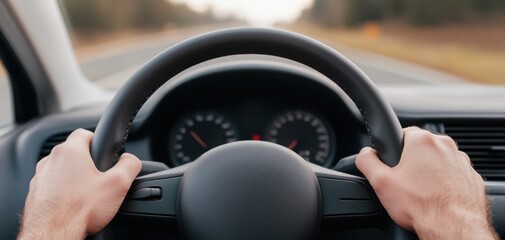 Close-up view of hands gripping a steering wheel while driving on an open road, showcasing focus and control.