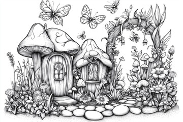 drawing of a house with a door and a window. The house is surrounded by a garden with flowers and plants. Coloring book page. 