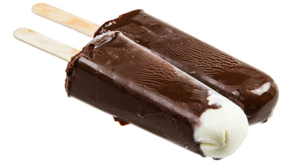 Two chocolate covered vanilla ice cream bars melting on transparent background