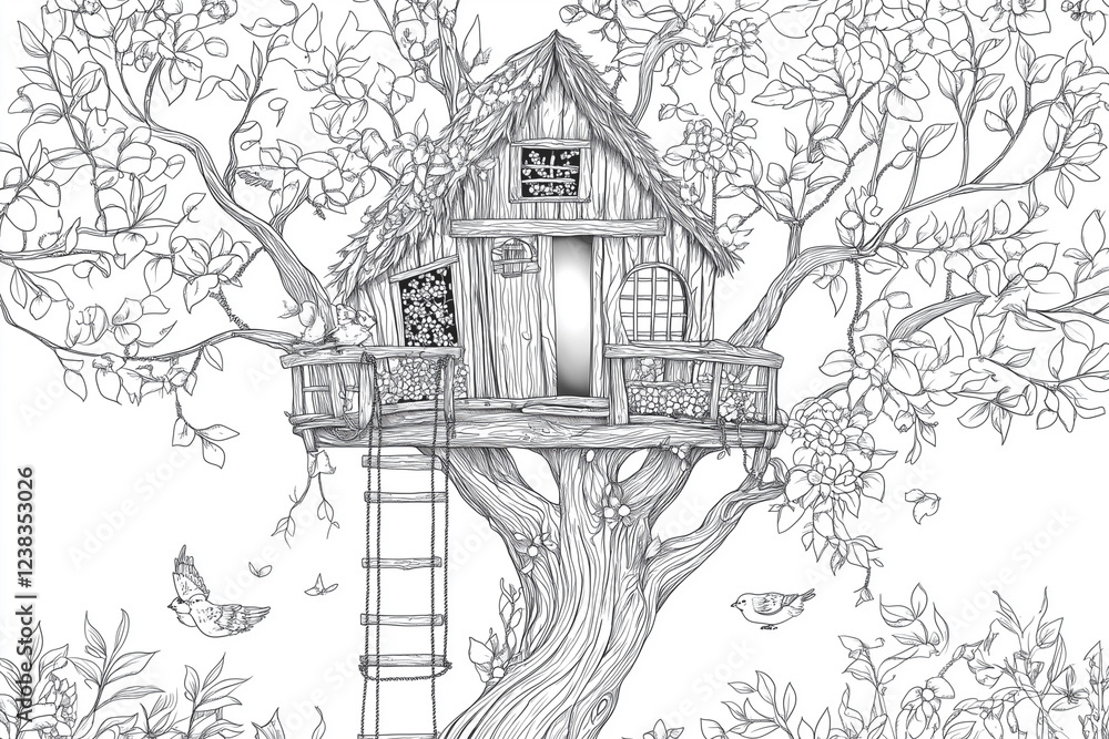 Poster tree house is shown with a ladder leading up to it. the tree house is surrounded by a forest and has