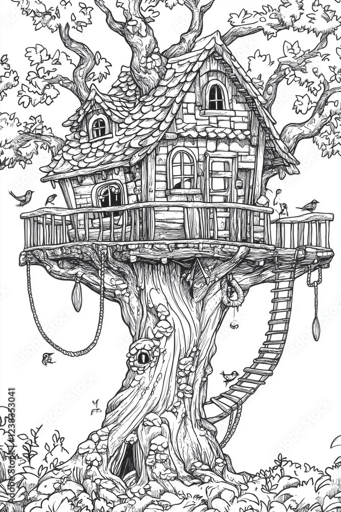 Poster tree house is shown with a ladder leading up to it. the tree house is surrounded by a forest and has