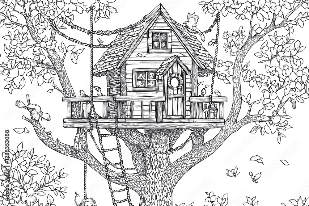 Poster treehouse is shown with a ladder leading up to it. the treehouse is decorated with a wreath and has 