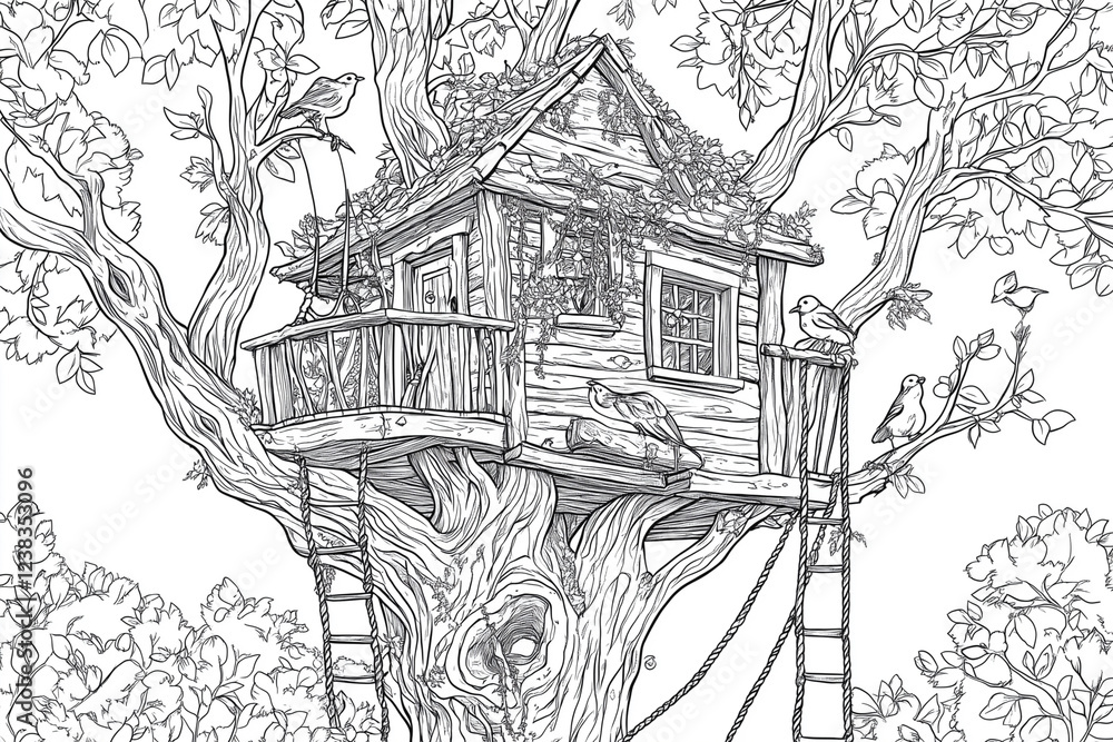 Poster treehouse with a ladder and a birdhouse. the treehouse is surrounded by trees and birds. coloring bo