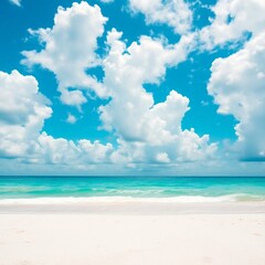 Obraz premium High-resolution stock photo a vibrant tropical beach scene, azure sky filled with fluffy white clouds, textured sand.