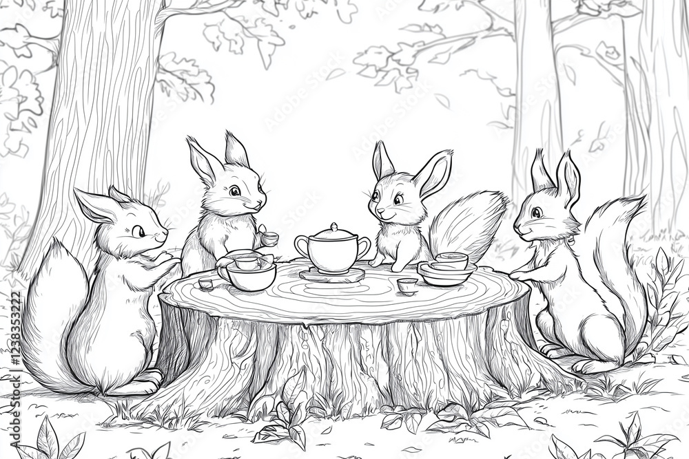 Poster group of four animals are sitting around a table with cups and a teapot. they are all smiling and se