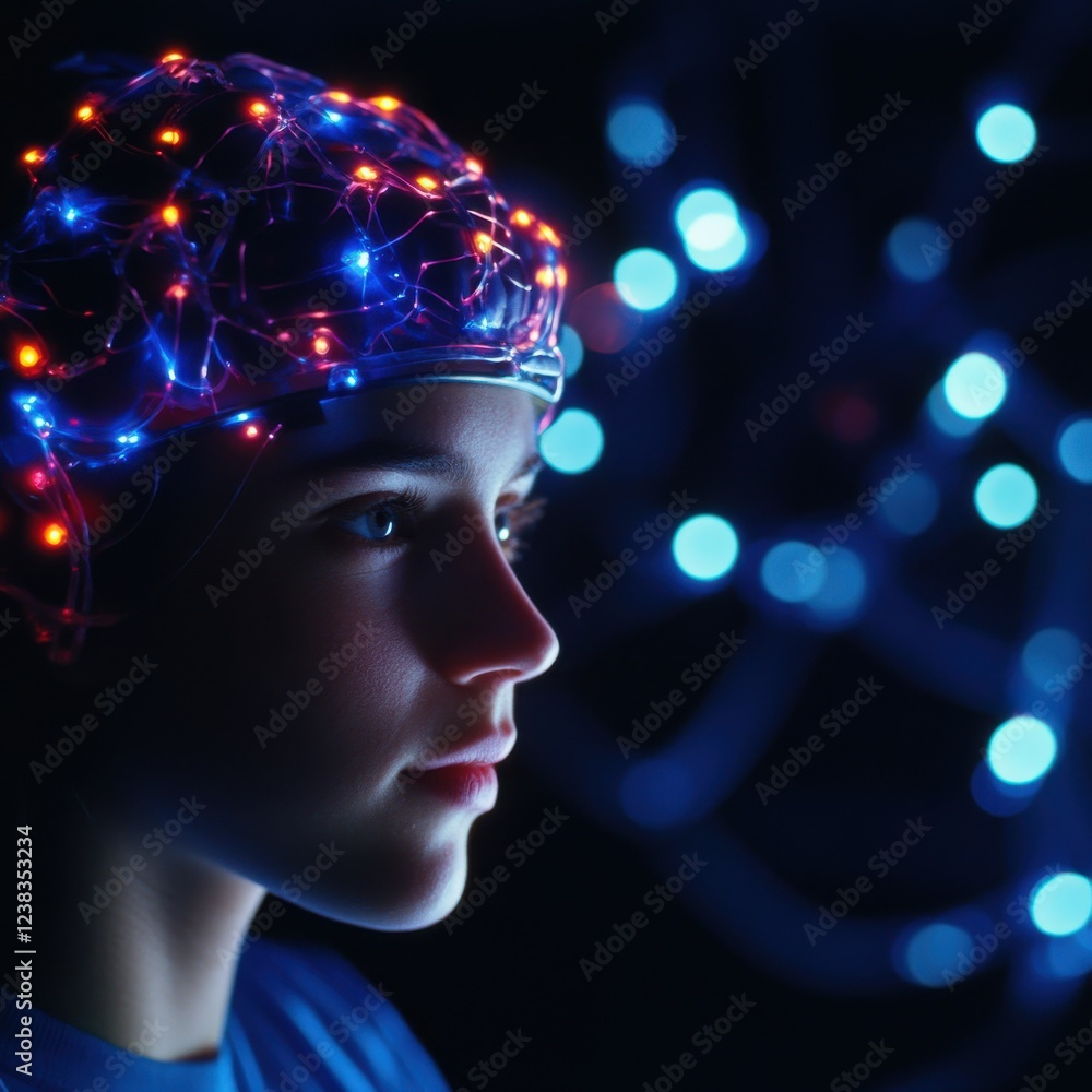 Poster conceptual image representing brain activity enhanced with colorful lights, symbolizing innovation a