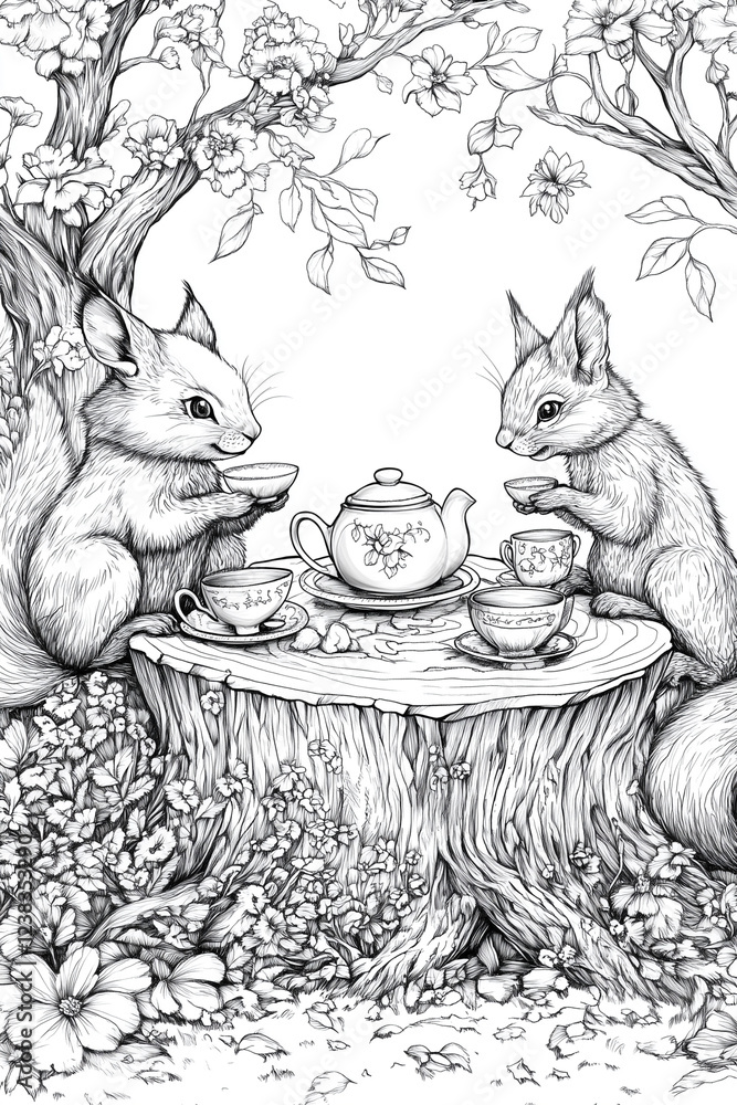 Poster two squirrels sitting at a table with cups and a teapot. scene is playful and whimsical. coloring bo