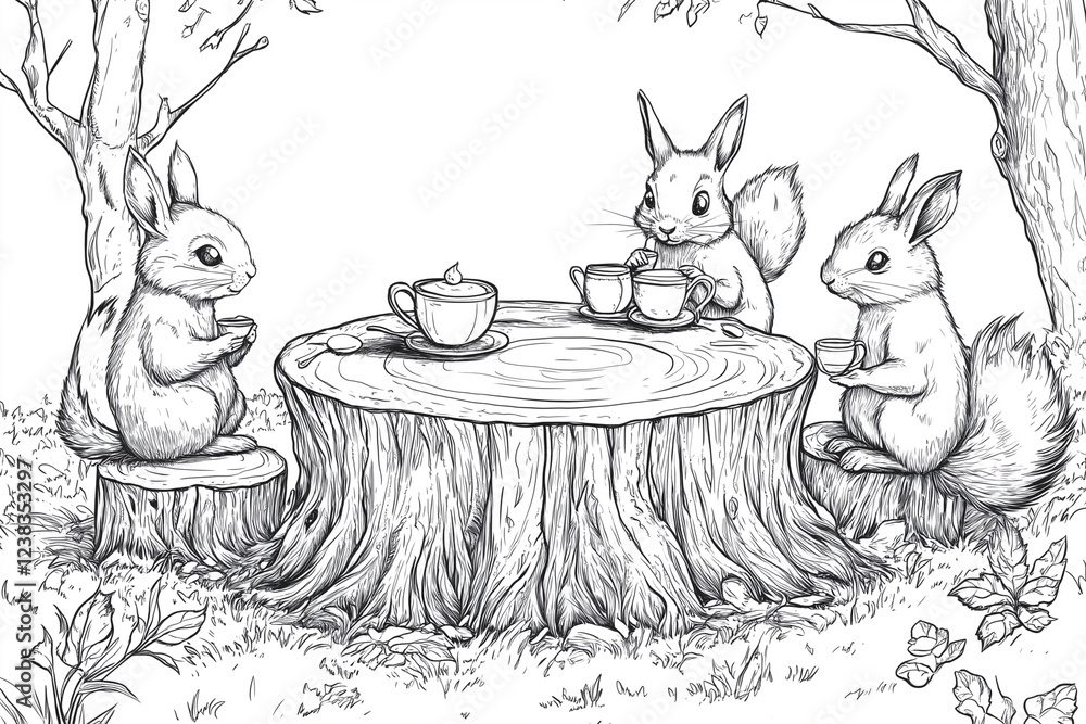 Poster three rabbits are sitting around a table with cups and saucers. they are drinking tea and enjoying e