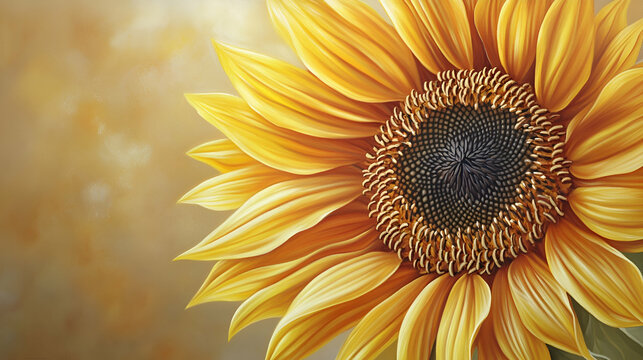 A close-up of a blooming sunflower with detailed yellow petals and dark seeds, framed against a blurred neutral background with soft lighting - Powered by Adobe