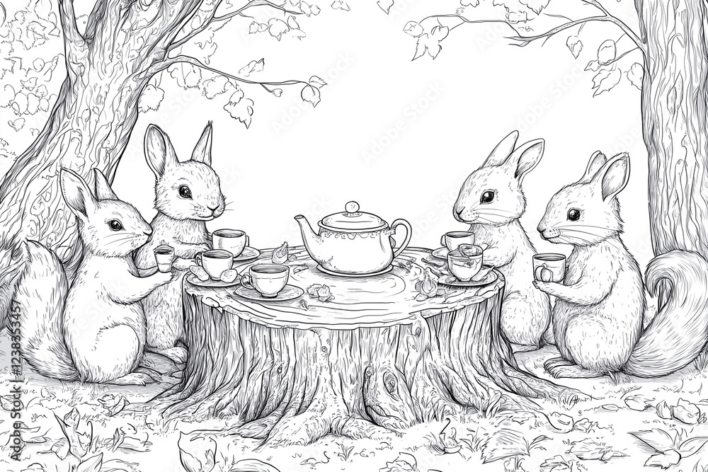 Poster four rabbits are sitting around a table with a teapot in the middle. they are drinking tea and enjoy