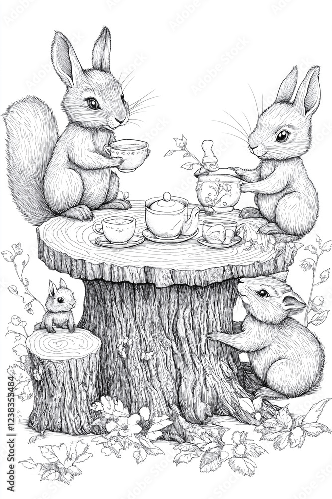 Poster group of rabbits are sitting around a table with cups and saucers. the scene is whimsical and playfu