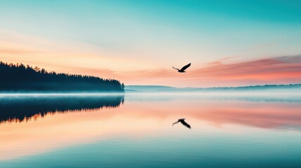 A serene sunrise over a calm lake, featuring a bird in flight against a backdrop of colorful skies and mirrored water.