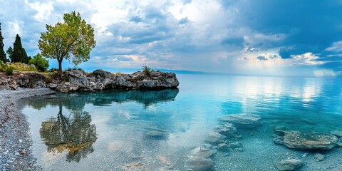 Obraz premium A serene lakeside view featuring calm waters, a rocky shoreline, and a solitary tree under a cloudy sky.