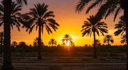 Obraz premium A golden-hued sunset behind a lush date palm plantation.