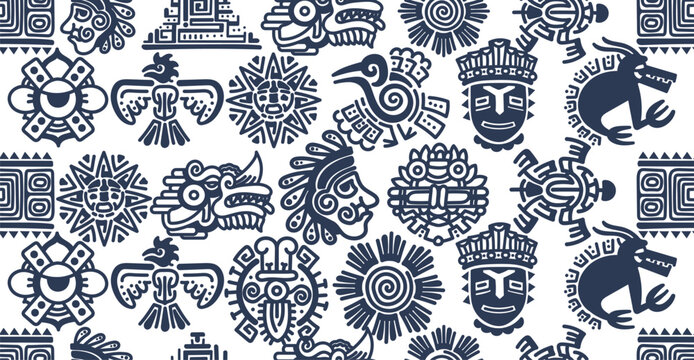 Seamless pattern background with Maya and aztec ornaments for ethnic decoration design with pattern of eagles, suns, warriors and pyramids, turtles, lizards and fishes. Maya pattern, texture, surface.