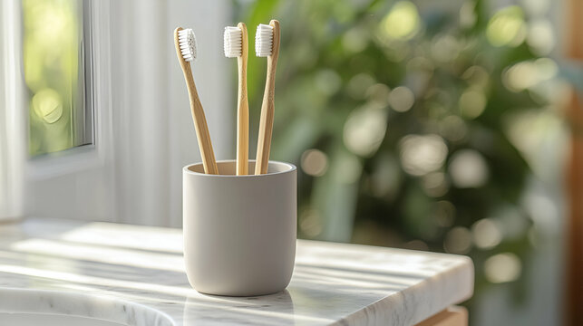 A close-up of a modern toothbrush holder made of matte ceramic, holding sleek bamboo toothbrushes, placed on a marble bathroom counter with natural lighting