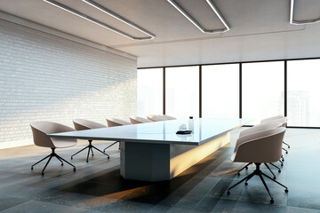 Modern conference room with large table, chairs, and city view through windows. Contemporary office interior design concept. 3D Rendering