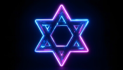 Obraz premium Bright neon blue and purple Star of David glowing on a dark black background