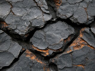 Detailed close-up of cracked black rock surface showcasing unique textures and colors, highlighting nature's rugged beauty.