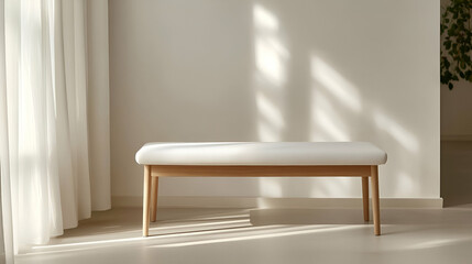 A minimalist bench with a white cushioned seat and light wooden frame, placed in a clean entryway with soft natural lighting