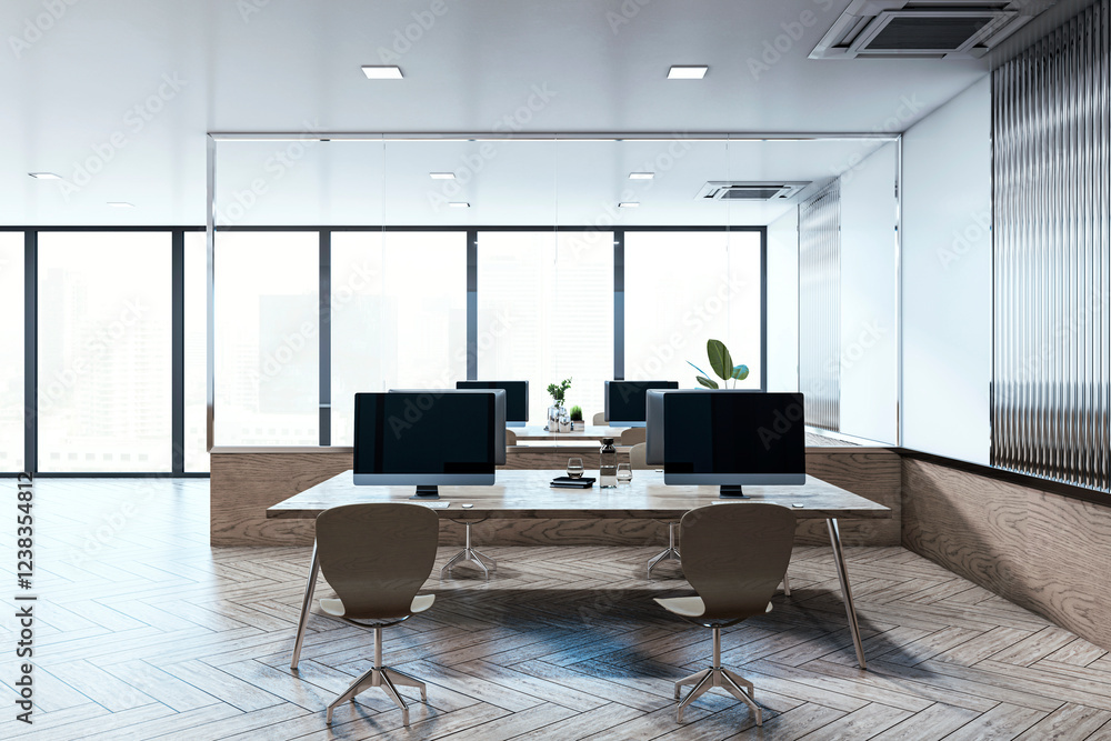 Poster modern office interior with desks, chairs, and computers in a bright, open space with large windows 