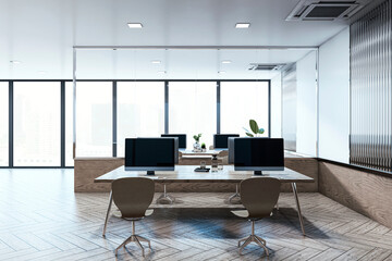 Modern office interior with desks, chairs, and computers in a bright, open space with large windows and city view. 3D Rendering