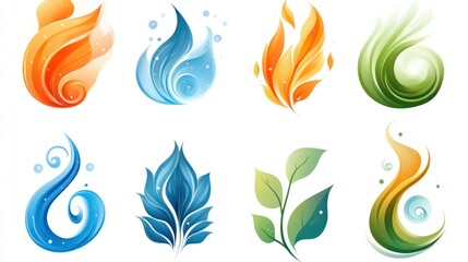 Obraz premium Four Elements Fire, Water, Air, Earth; abstract swirling flames; white background; design element