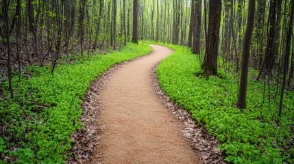 Fototapeta premium Forest pathway nature concept. A winding path through a lush, green forest with vibrant foliage.