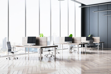 Modern corporate office interior with desks, chairs, and computers near large windows in a cityscape. 3D Rendering