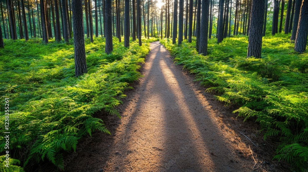 Poster forest pathway nature concept. a serene forest pathway illuminated by sunlight filtering through lus