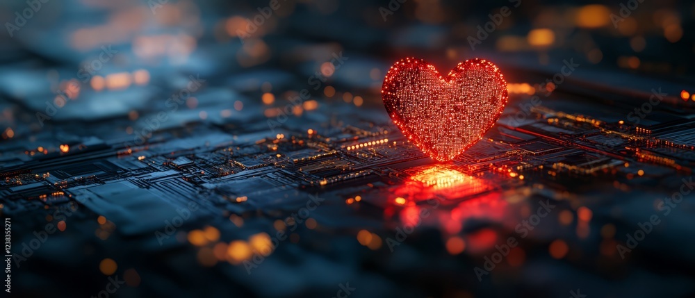 Poster a glowing red heart-shaped digital construct rests on a circuit board, symbolizing the intersection 