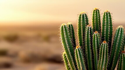 Cactus garden nature idea. A vibrant cactus stands tall against a warm desert backdrop during sunset.
