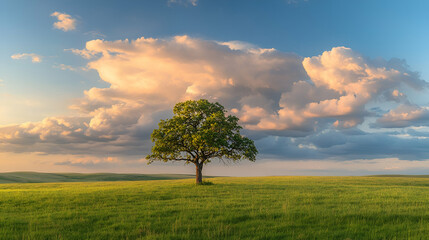 Fototapeta premium A single tree standing in a vast green field, dramatic clouds in the sky and golden hour lighting creating a sense of solitude and beauty