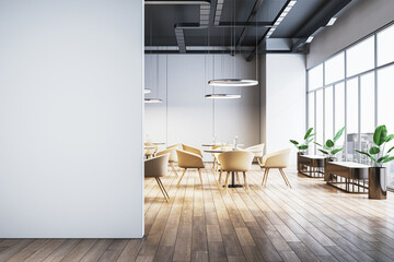 Modern cafe interior with light furnishings, wooden flooring, and large windows overlooking a cityscape. 3D Rendering