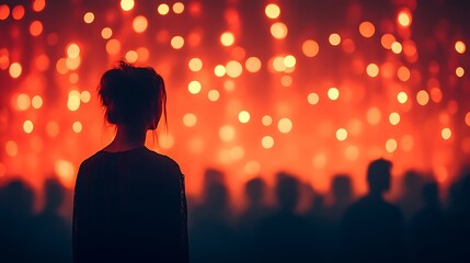 Woman Silhouetted Against a Red Bokeh Background