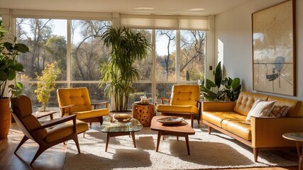 Fototapeta premium Modern living room with large windows overlooking a serene natural landscape during golden hour