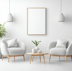 A simple and elegant Scandinavian-style living room with white walls, wooden furniture, plants on the table, sofa chairs in a gray color, and an empty wall frame mockup hanging above them. The 