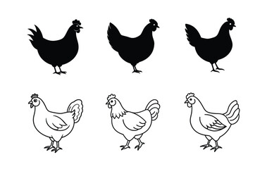 Simple Black and White Chicken Silhouettes for Design and Illustration