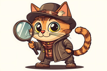 Cute cartoon cat detective holding magnifying glass, wearing hat and coat, ready for adventure. This playful character embodies curiosity and charm
