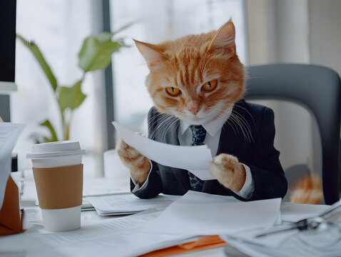 business cat in suit and tie, holding coffee cup, reviews documents at desk. scene captures humorous take on office life with feline twist