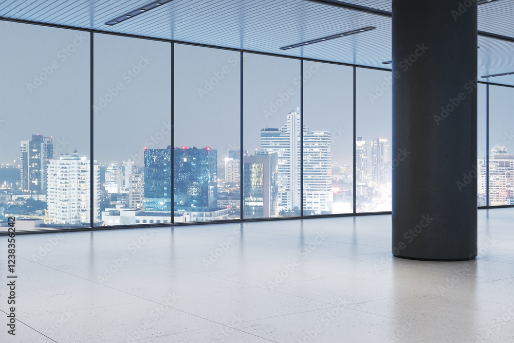 Aufkleber modern office corridor with large glass windows overlooking a panoramic city view at night, featurin