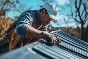 A man in a hard hat and orange vest is working on a roof