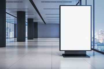 Modern corridor with blank digital billboard in office building at night. 3D Rendering